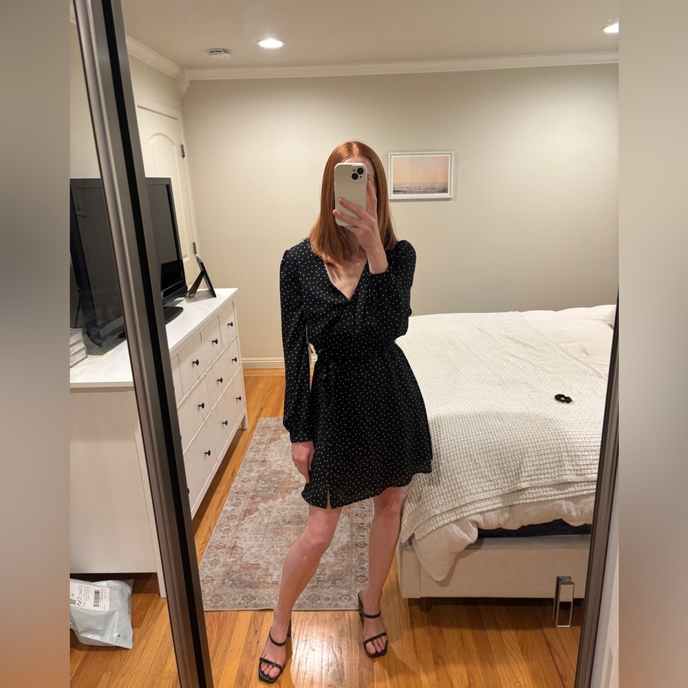 Long Sleeve Black Polka Dot Wrap Dress